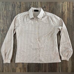 Vtg Lucia Button-Up L/S Shirt Blouse Beige Blue Stripe Geometric No Size Tag